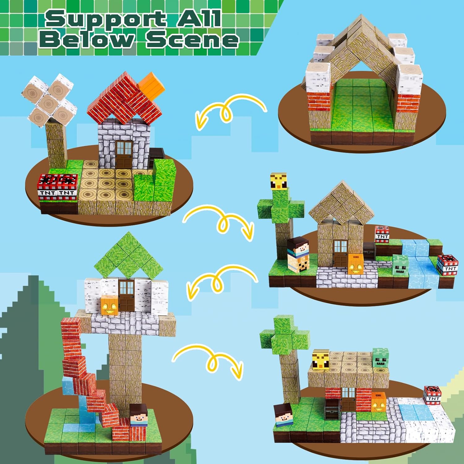 Luxurymania Magnetic Building Blocks for Kids creating various block scenes with houses and trees