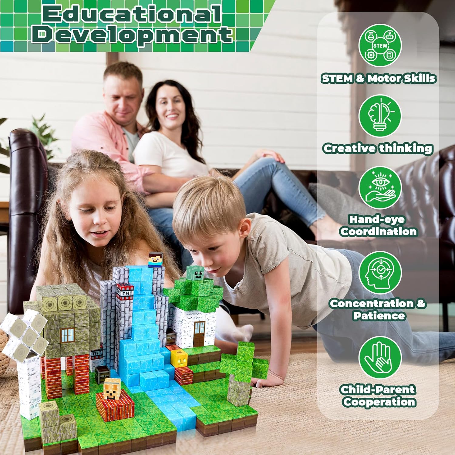 Kids playing with Magnetic Building Blocks for Kids creating a colorful block structure at home
