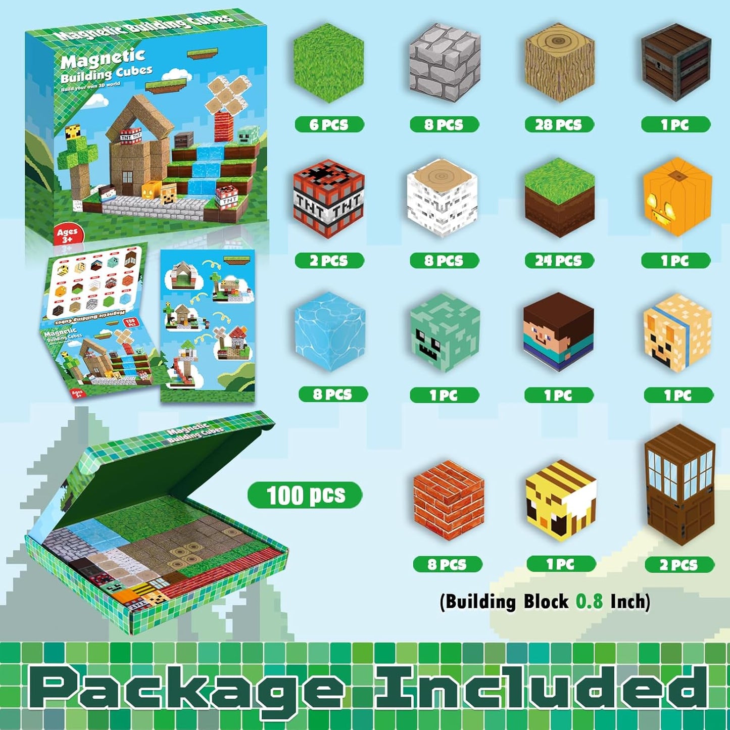 Luxurymania Magnetic Building Blocks for Kids set with 100 pieces including colorful Minecraft-style cubes