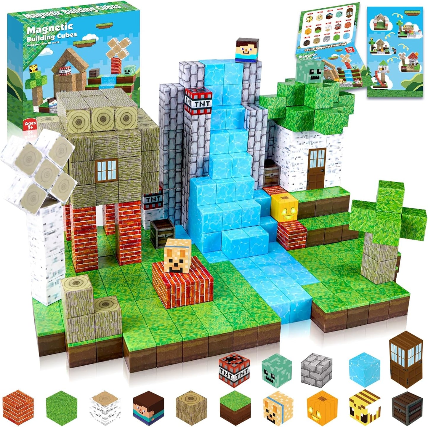 Luxurymania Magnetic Building Blocks for Kids set with colorful cubes to build trees, waterfall, and characters